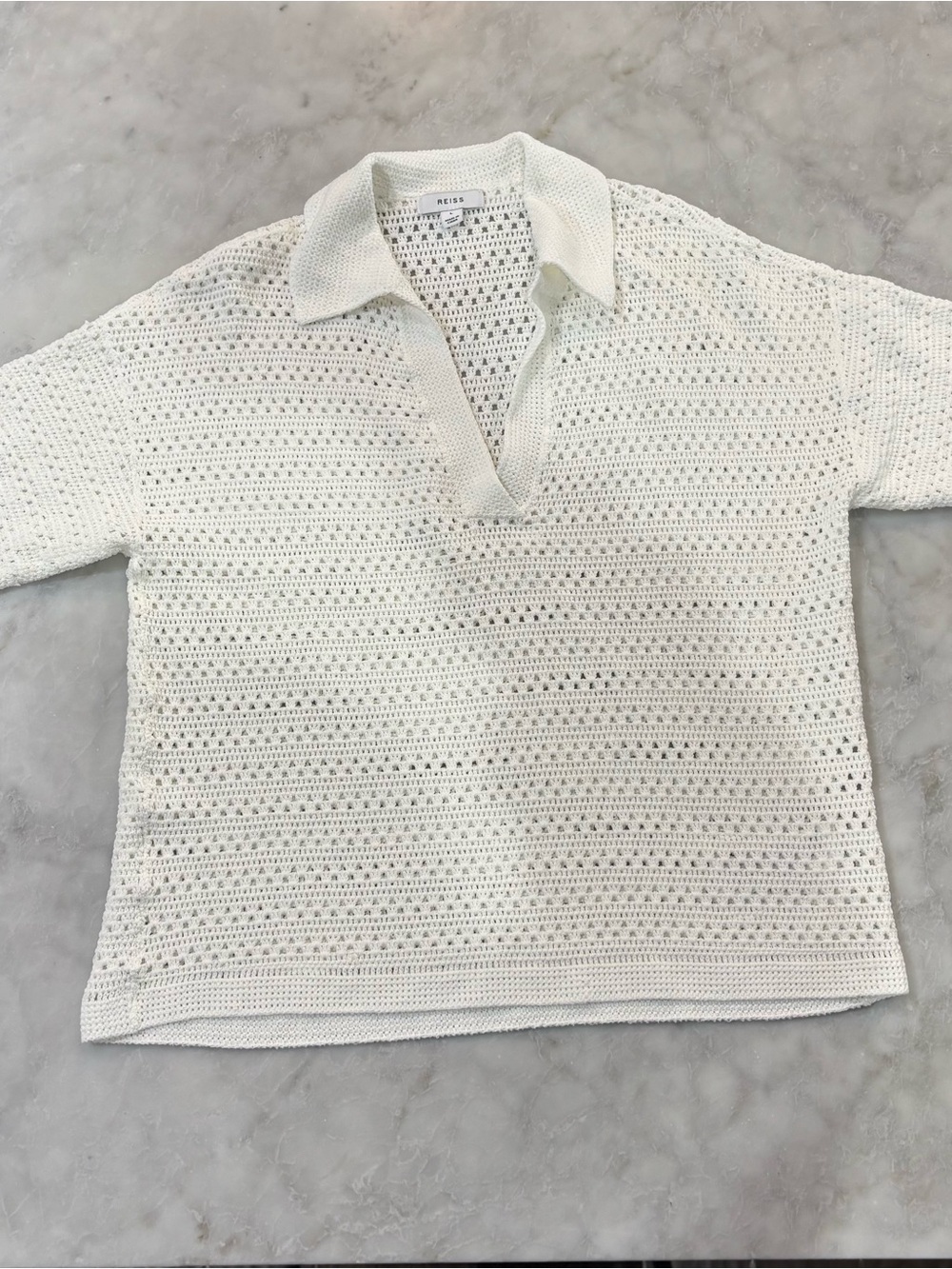 REISS White Open-Knit V-Neck Crochet Polo Sweater